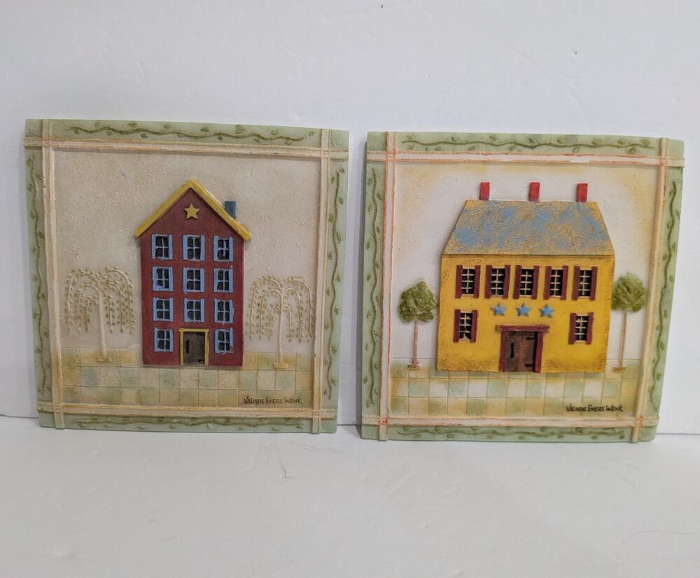 Vintage Folk Art Wall Plaques Set Valorie Evers Wenk Colonial House Resin 5x5